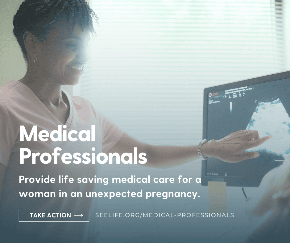 Image of medical professional pointing to a a woman's ultrasound with text.